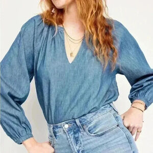 NWT old navy long sleeve chambray denim peasant top women L